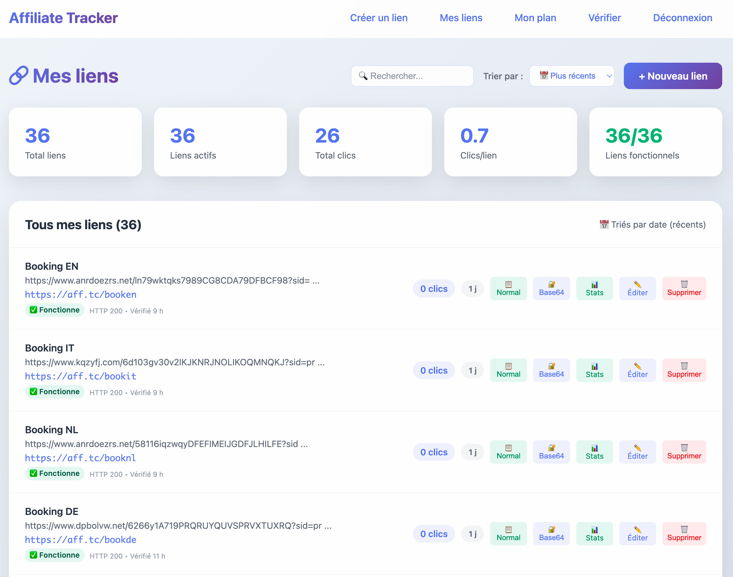 Interface Affiliate Tracker - Liste des liens avec statistiques
